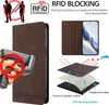Product marketing image showing a brown leather phone case with RFID blocking features. Produktbild-Vorschau