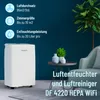 A white dehumidifier and air purifier is shown in a living room setting with a chair and a small table with plants. Produktbild-Vorschau