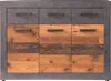 A front view of a dresser with three drawers on top and three cabinet doors below. The top section and frame are gray, while the cabinet doors are made of wood planks in various shades of brown. Produktbild-Vorschau