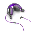 A pair of gray and purple headphones with a purple cord and jack are shown on a white background. Produktbild-Vorschau