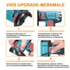 Collage of four close-up images showcasing features of a mini angle grinder, with German text descriptions. Produktbild-Vorschau