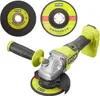A cordless angle grinder with two cutting discs, presented against a white background. Produktbild-Vorschau