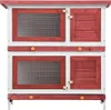 A multi-level wooden pet hutch with red and white coloring. Náhled obrázku produktu