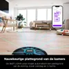 A robot vacuum cleaner in a living room, with laser lines indicating its mapping capabilities, and a smartphone displaying a floor plan. Produktbild-Vorschau
