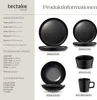 A product information sheet with images of black stoneware dishes and text detailing dimensions, weight, and contents. Produktbild-Vorschau