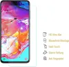 A smartphone screen protector is shown next to a smartphone, with feature descriptions in German. Produktbild-Vorschau