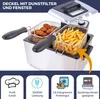 Close-up of a deep fryer with french fries and chicken wings inside, with icons representing features below. Produktbild-Vorschau