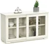 A cream-colored sideboard with glass doors and adjustable shelves, displaying various kitchenware items.