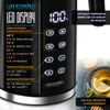 Close-up of a black electric kettle with an LED display and control buttons, next to a cup of tea. Produktbild-Vorschau