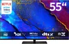 A television screen displaying a colorful abstract image, with logos and text indicating features. Produktbild-Vorschau