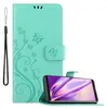 A turquoise phone case with a floral and butterfly design is shown open, with a smartphone placed inside. Náhľad obrázku produktu
