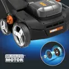 Close-up view of a cordless lawn mower with a diagram of a brushless motor. Produktbild-Vorschau