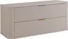 A beige matte wooden bathroom cabinet with two drawers and gold handles, shown against a white background. Anteprima dell’immagine prodotto