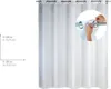 A diagram showing the dimensions of a shower curtain, with a small inset image of hands attaching the curtain to a rod. Produktbild-Vorschau