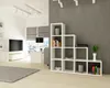 A modern living room with a white shelving unit against a gray wall. Produktbild-Vorschau