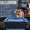 A couple is posing next to a hot tub, with a diagram of the hot tub's internal components shown in a circle at the top right. Produktbild-Vorschau