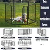A dog is inside a black metal pet playpen in a grassy outdoor setting. Below the main image are several diagrams of different configurations of the playpen, labeled in German. Produktbild-Vorschau