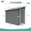 A diagram showing the dimensions of a gray metal shed. Produktbild-Vorschau