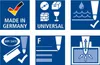 A collage of icons and text indicating product features and origin. Produktbild-Vorschau
