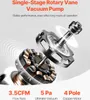 A close-up, stylized illustration of the internal components of a rotary vane vacuum pump, highlighting its motor and vanes, with accompanying text detailing its specifications. Voir les images du produit