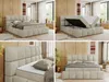 A collage of four images showing a beige upholstered boxspring bed from different angles, including one image showing the storage compartment open. Produktbild-Vorschau