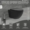 A black wall-hung toilet is shown in a modern bathroom setting, with accompanying feature icons and text. Podgląd zdjęcia produktu