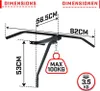 A diagram showing the dimensions and weight capacity of a wall-mounted pull-up bar and boxing bag holder. Produktbild-Vorschau