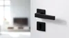 A black door handle and keyhole plate are shown on a white door. The background is blurred and shows a living room with a television. Produktbild-Vorschau