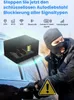 A person in a balaclava is attempting to open a car door, with a product box and icons representing signal blocking technologies shown. Produktbild-Vorschau