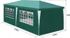 A 3D rendering of a green party tent with white window frames and curtains, showing its dimensions. Náhľad obrázku produktu