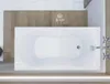 A top-down view of a white bathtub with wooden paneling behind it. Produktbild-Vorschau