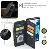 A wallet-style phone case is shown open, displaying its card slots and a phone. Text overlays describe features. Produktbild-Vorschau