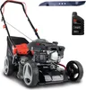 A lawnmower with accessories, including a replacement blade and oil, displayed against a white background. Produktbild-Vorschau