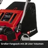 Close-up of a red lawn scarifier with a black collection bag attached, showing the brand logo and text about its capacity. Produktbild-Vorschau