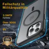 A close-up of a phone case with text overlays highlighting its features. Produktbild-Vorschau