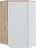 A close-up, angled view of a corner cabinet with a wood-grain side and a white door.