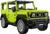 A lime green Suzuki Jimny toy car made of building blocks, shown from a three-quarter front angle against a white background. Voir les images du produit
