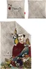 A collage of product images showing a pillowcase with a floral and portrait design, and a folded duvet cover with the same design. Produktbild-Vorschau