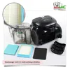 A collection of vacuum cleaner parts, including filters and a dustbin, alongside a vacuum cleaner body. Produktbild-Vorschau