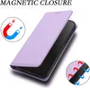 A light purple leather phone case for an iPhone, shown open to reveal the phone inside. There are two circular diagrams illustrating magnetic closure and airflow. Produktbild-Vorschau