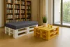 A living room with a bookshelf, a pallet bench with an anthracite cushion, and a yellow pallet coffee table with drinks and a plant. Anteprima dell’immagine prodotto