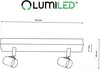A technical drawing of a black ceiling light with two adjustable spotlights, showing dimensions. Produktbild-Vorschau