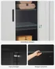 A collage of images showing a silver metal cabinet with a close-up of its interior, including adjustable shelves and how to attach them. Produktbild-Vorschau