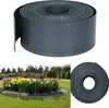 A collage showing a roll of dark gray plastic lawn edging and a garden bed bordered by the same edging, filled with colorful flowers. Produktbild-Vorschau