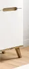 A close-up view of the bottom section of a white desk with wooden legs and a wooden drawer pull. Anteprima dell’immagine prodotto