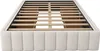 A beige upholstered bed frame with a wooden slatted base, shown from a diagonal angle. Produktbild-Vorschau