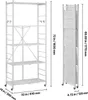A white metal shelving unit is shown in two configurations: fully assembled and folded. Dimensions are provided for both. Anteprima dell’immagine prodotto