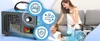A woman and child are in a living room with an ozone generator. Icons representing no smoking, air circulation, and protection are displayed. Voir les images du produit