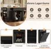 A kitchen island with multiple storage compartments and labeled features, presented in a collage format with close-ups of different sections. Voir les images du produit