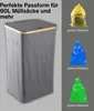 A grey laundry hamper with a lid is shown next to images of yellow, blue, and green trash bags. Náhľad obrázku produktu
